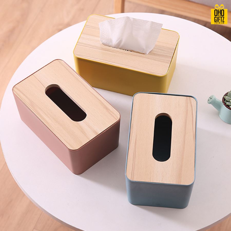 กล่องใส่กระดาษทิชชู่ฝาปิดไม้ สกรีนโลโก้ ทำเป็นของพรีเมี่ยม ของชำร่วยได้
