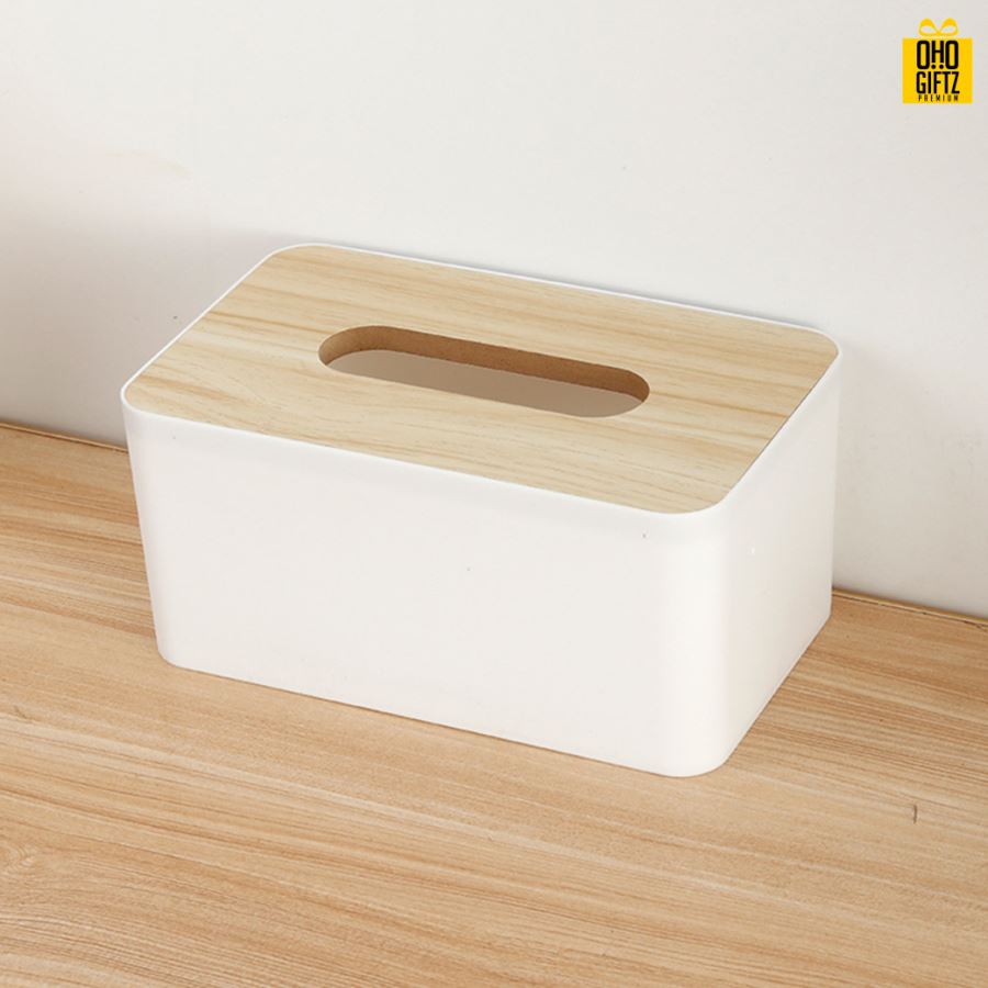 กล่องใส่กระดาษทิชชู่ฝาปิดไม้ สกรีนโลโก้ ทำเป็นของพรีเมี่ยม ของชำร่วยได้