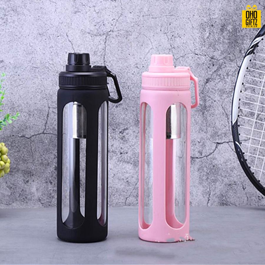 ขวดแก้วพร้อมที่กรองชา สกรีนชื่อ เลเซอร์โลโก้ฟรี  ทำเป็นของพรีเมี่ยมได้