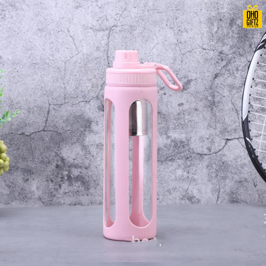 ขวดแก้วพร้อมที่กรองชา สกรีนชื่อ เลเซอร์โลโก้ฟรี  ทำเป็นของพรีเมี่ยมได้