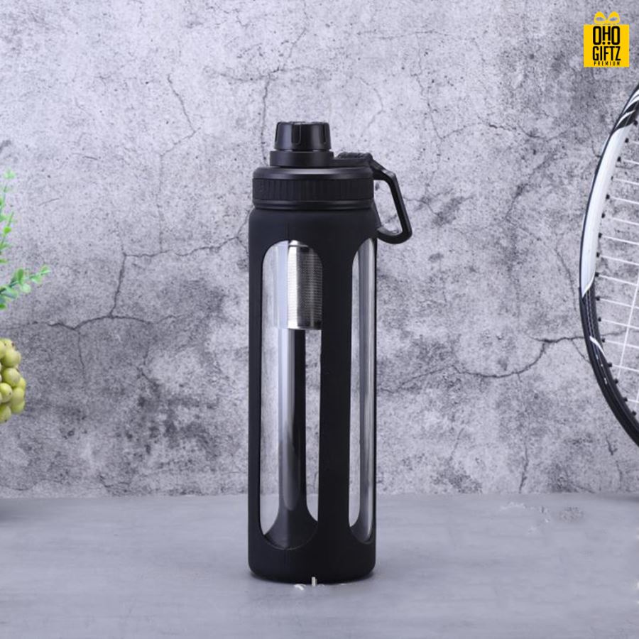 ขวดแก้วพร้อมที่กรองชา สกรีนชื่อ เลเซอร์โลโก้ฟรี  ทำเป็นของพรีเมี่ยมได้