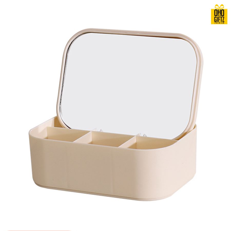 กระจกแต่งหน้าพร้อมกล่องเก็บของ สกรีนโลโก้ สกรีนชื่อร้าน ทำเป็นของพรีเมี่ยมได้