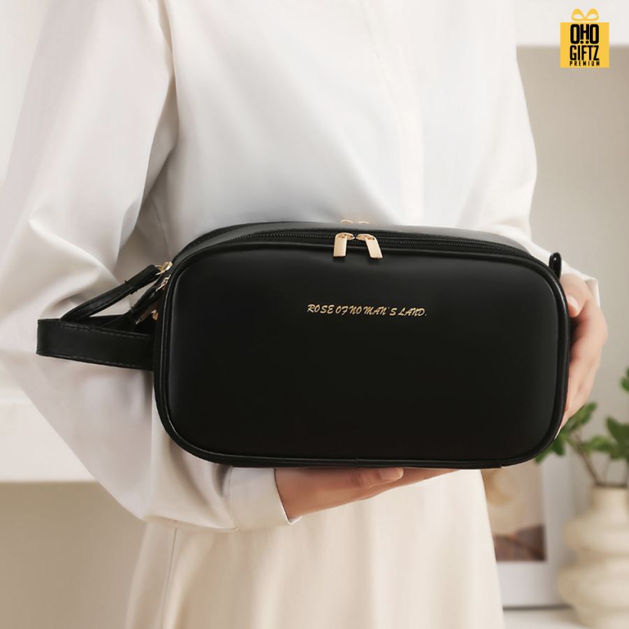 กระเป๋าหนัง PU ใส่อุปกรณ์แต่งหน้า แบบซิปคู่ สกรีนโลโก้  ทำเป็นของพรีเมี่ยมได้