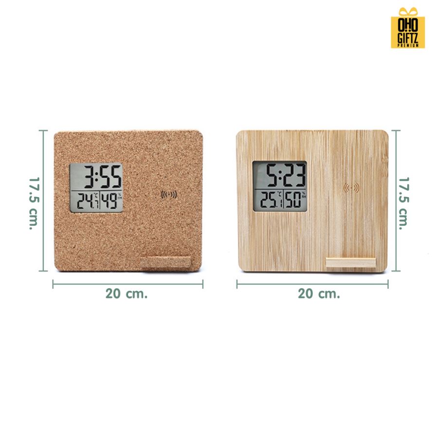 นาฬิกาไม้พร้อมที่ชาร์จมือถือไร้สาย บอกอุณหภูมิอากาศด้วย สกรีนชื่อ สกรีนโลโก้ ทำเป็นของพรีเมี่ยมได้ 