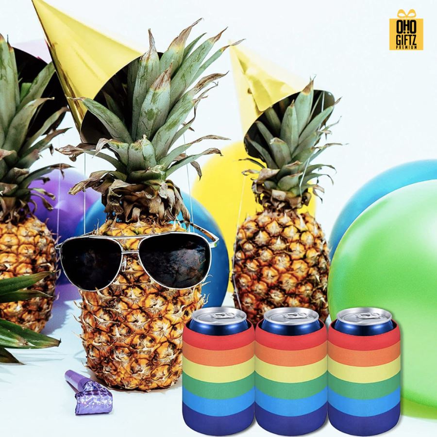 ปลอกผ้าสายรุ้งหุ้มกระป๋อง สกรีนโลโก้ ทำเป็นของพรีเมี่ยม ของชำร่วย ของที่ระลึก