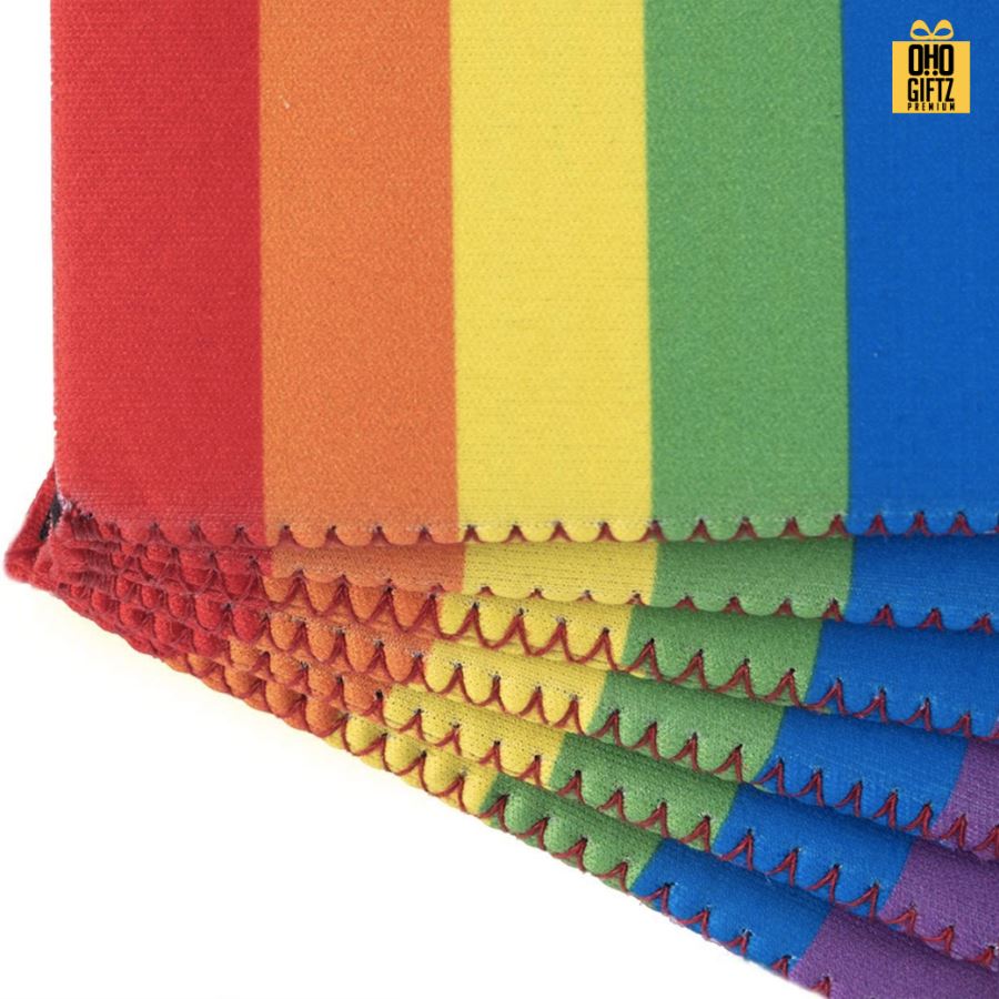 ปลอกผ้าสายรุ้งหุ้มกระป๋อง สกรีนโลโก้ ทำเป็นของพรีเมี่ยม ของชำร่วย ของที่ระลึก