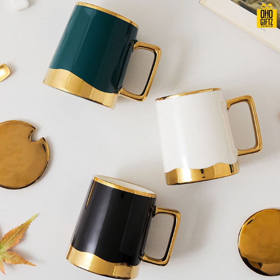 แก้วเซรามิกขอบทอง สกรีนชื่อ สกรีนโลโก้  ทำเป็นของพรีเมี่ยมได้