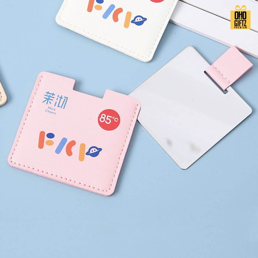 กระจกแต่งหน้าหนัง PU สี่เหลี่ยม ขนาดเล็ก สกรีนได้ไม่จำกัดสี สกรีนโลโก้  ทำเป็นของพรีเมี่ยมได้