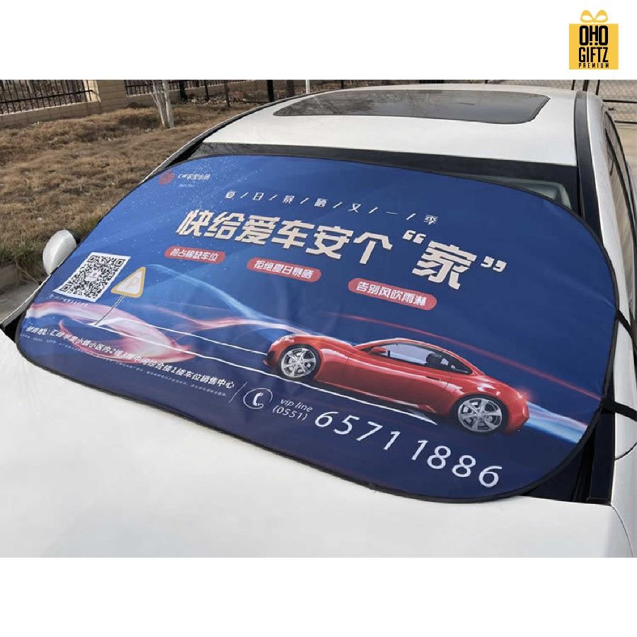 ม่านบังแดดรถบนต์แบบแผ่นใหญ่ สกรีนลายเต็มไม่จำกัดสี สกรีนโลโก้ ทำเป็นของพรีเมี่ยมได้