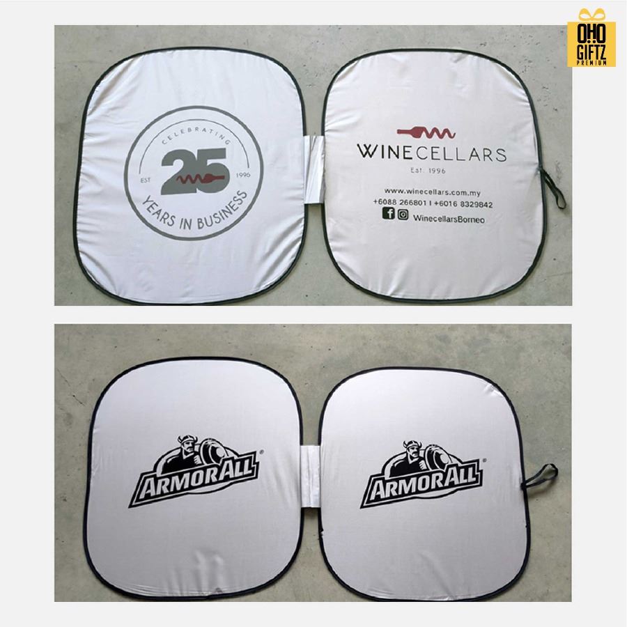 ม่านบังแดดรถยนต์ทรงเหลี่ยมคู่ สกรีนโลโก้ ทำเป็นของพรีเมี่ยมได้