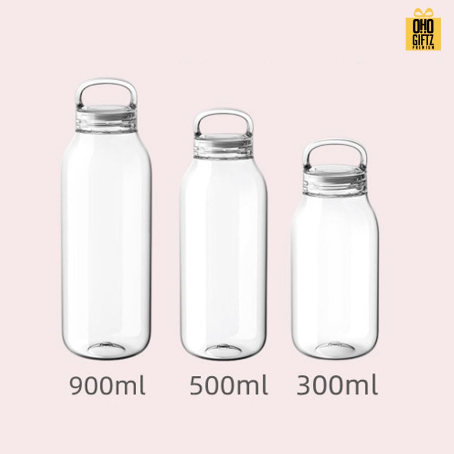 ขวดแก้วมีหูหิ้วทนความร้อนสูง สกรีนชื่อ โลโก้ฟรี  ทำเป็นของพรีเมี่ยมได้