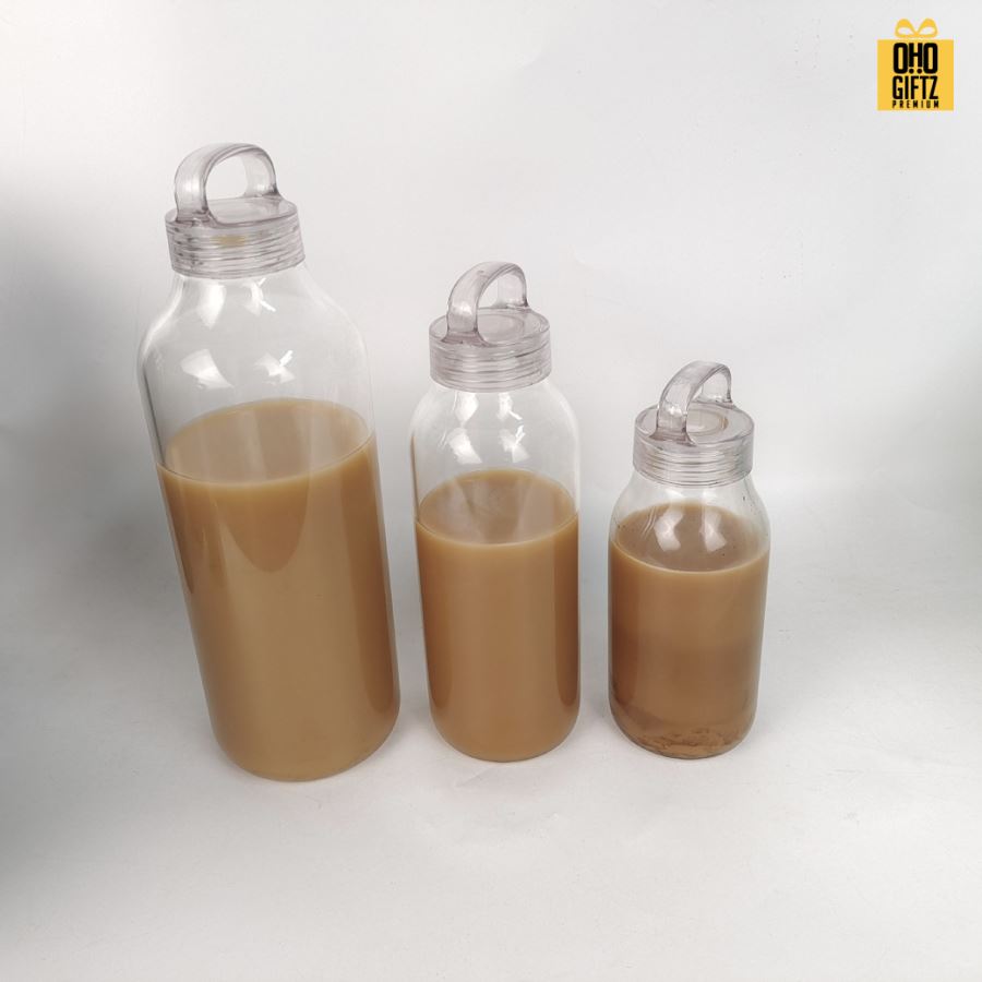 ขวดแก้วมีหูหิ้วทนความร้อนสูง สกรีนชื่อ โลโก้ฟรี  ทำเป็นของพรีเมี่ยมได้