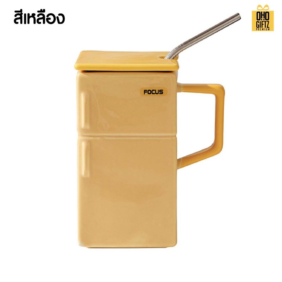 แก้วเซรามิคทรงตู้เย็นเรโทร สกรีนชื่อ สกรีนโลโก้ ทำเป็นของพรีเมี่ยมได้