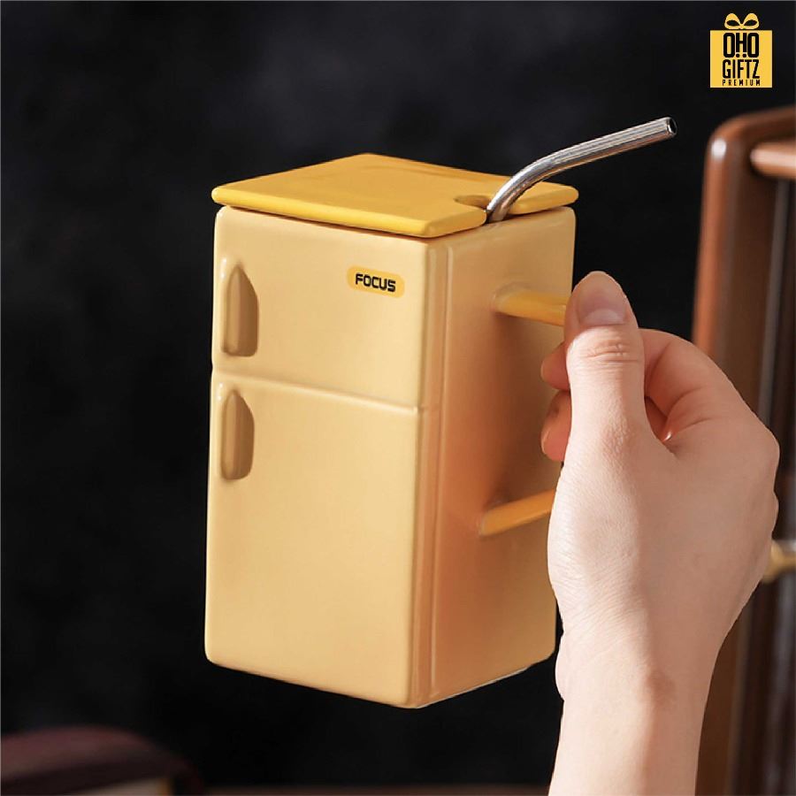 แก้วเซรามิคทรงตู้เย็นเรโทร สกรีนชื่อ สกรีนโลโก้ ทำเป็นของพรีเมี่ยมได้